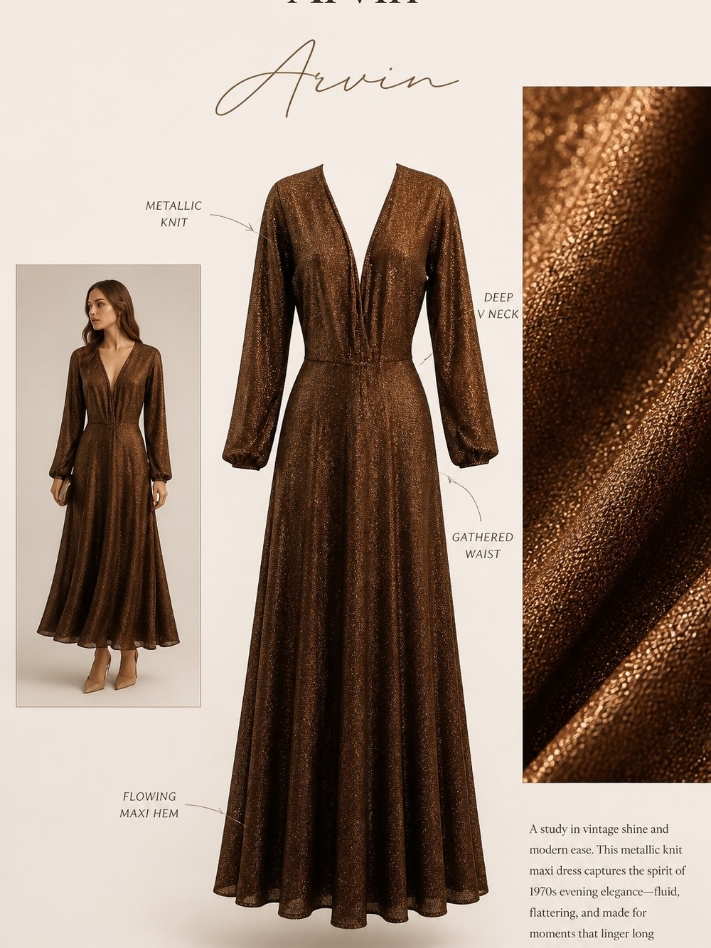 Metallic Bronze V-Neck Maxi Dress Vintage 70s
